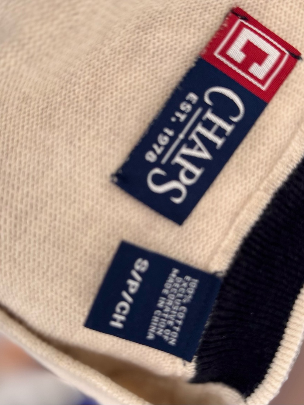 Chaps Men's Cream Crewneck Sweater with Navy Trim